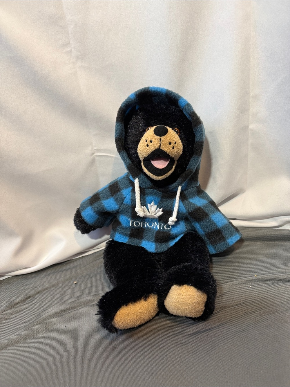 Toronto Black Bear Plush Toy in Blue Plaid Hoodie